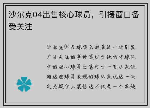 沙尔克04出售核心球员，引援窗口备受关注